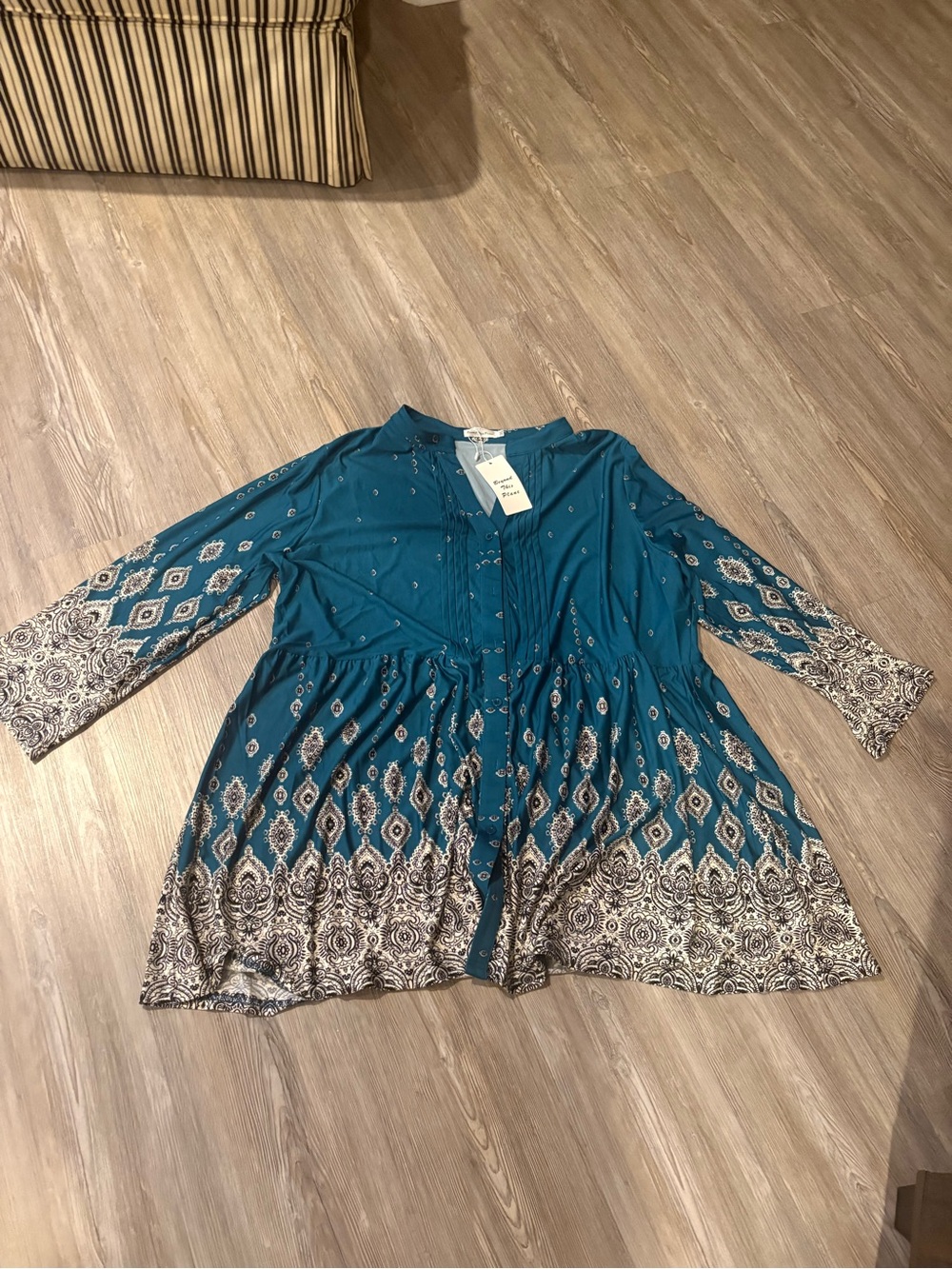 Beyond This Plane 3X Teal Printed Peasant Blouse - Women's Top